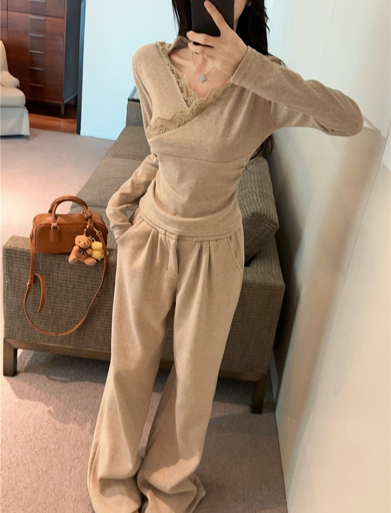 V-neck tops wide leg pants a set for women