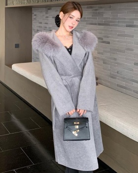 Long fur collar autumn and winter hooded woolen coat