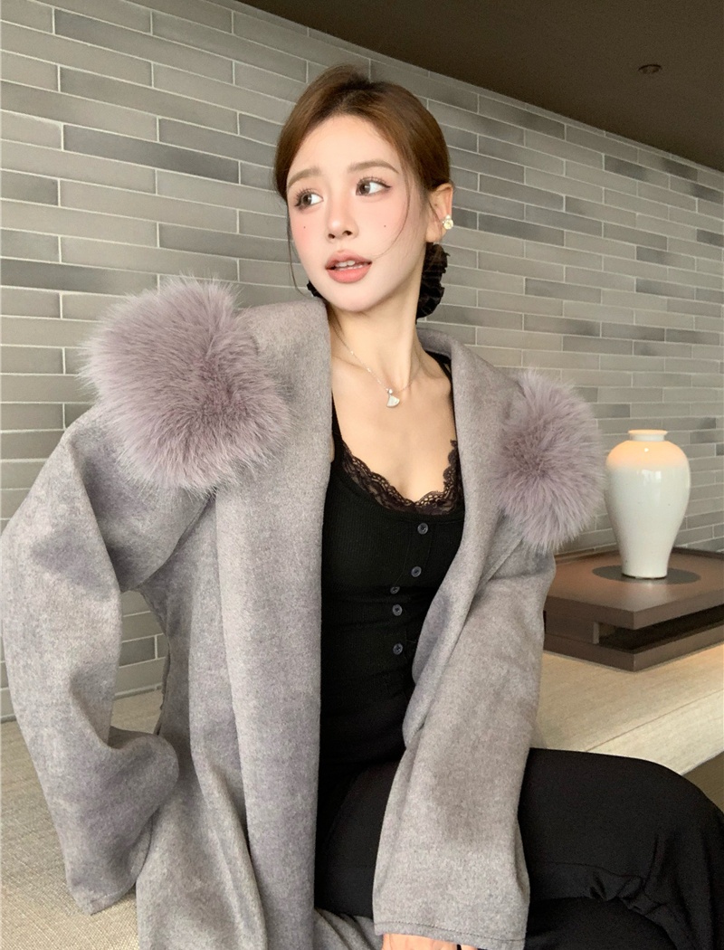 Long fur collar autumn and winter hooded woolen coat