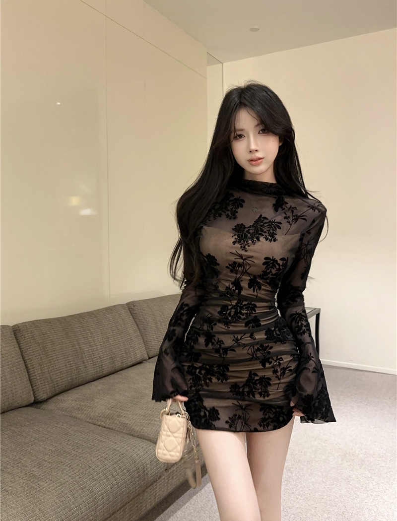 Lace France style retro flocking enticement dress for women