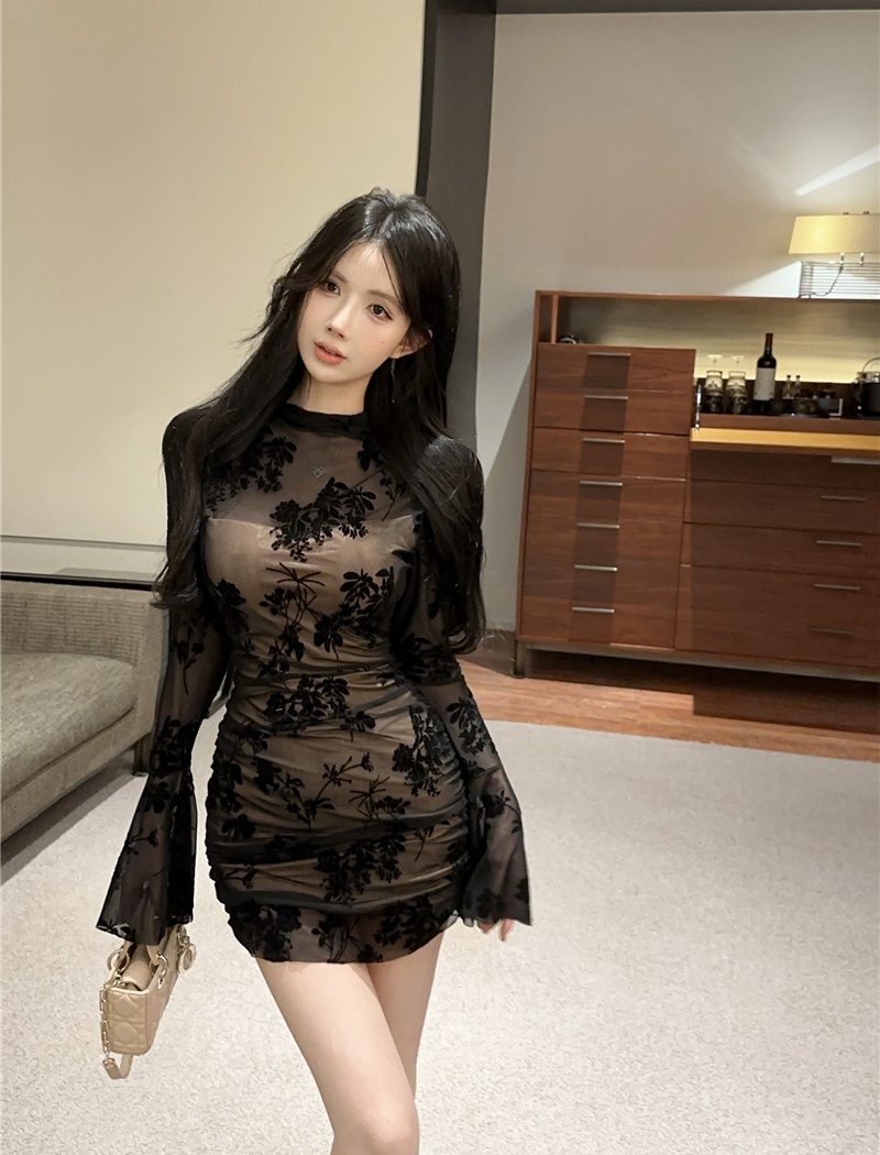 Lace France style retro flocking enticement dress for women