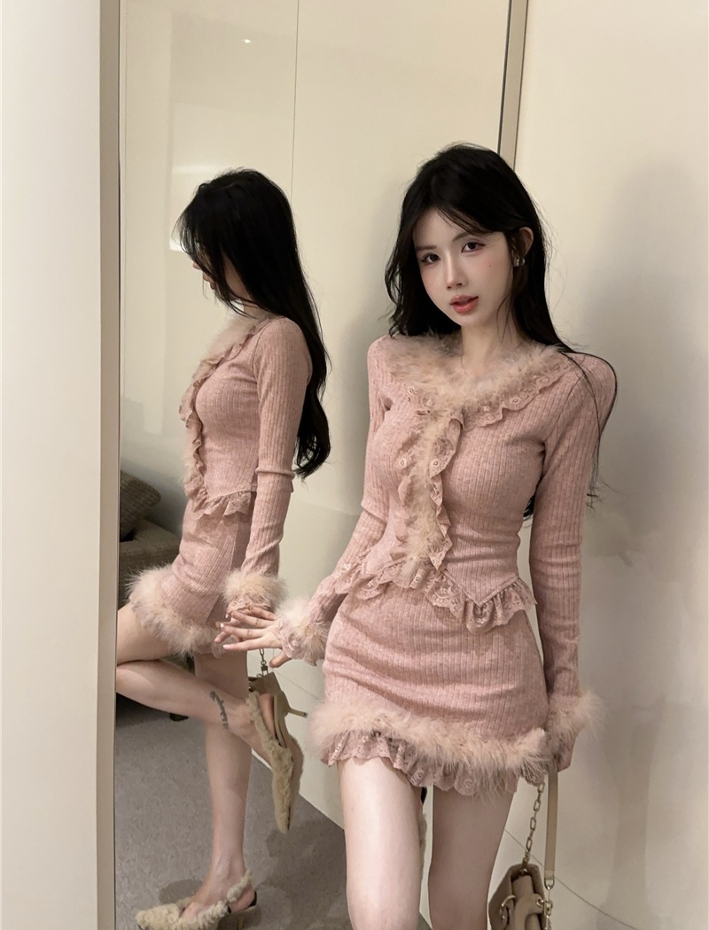 Splice pink high waist tops enticement knitted short skirt a set