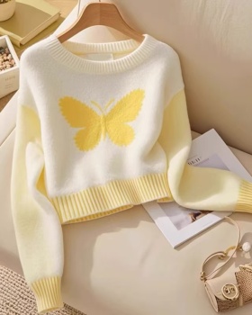 Round neck autumn and winter butterfly yellow sweater