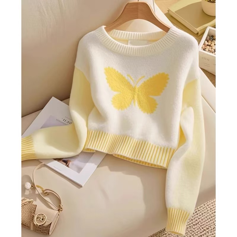 Round neck autumn and winter butterfly yellow sweater