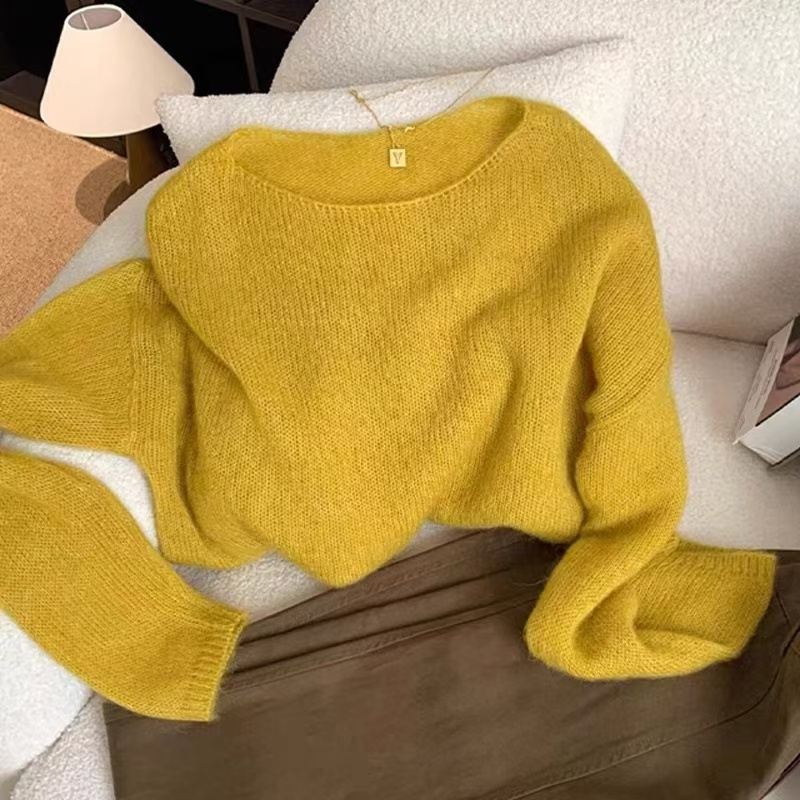 Horizontal collar tops knitted sweater for women