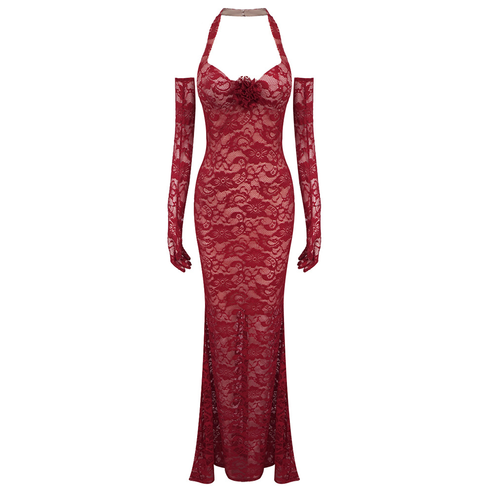 Lace red slim dress European style halter sling long dress