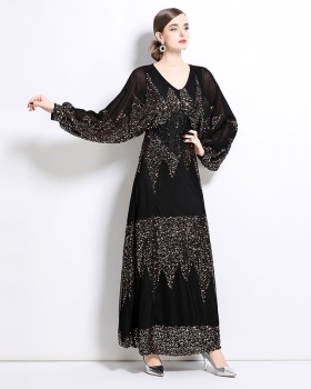 Raglan sleeve long dress sequins evening dress