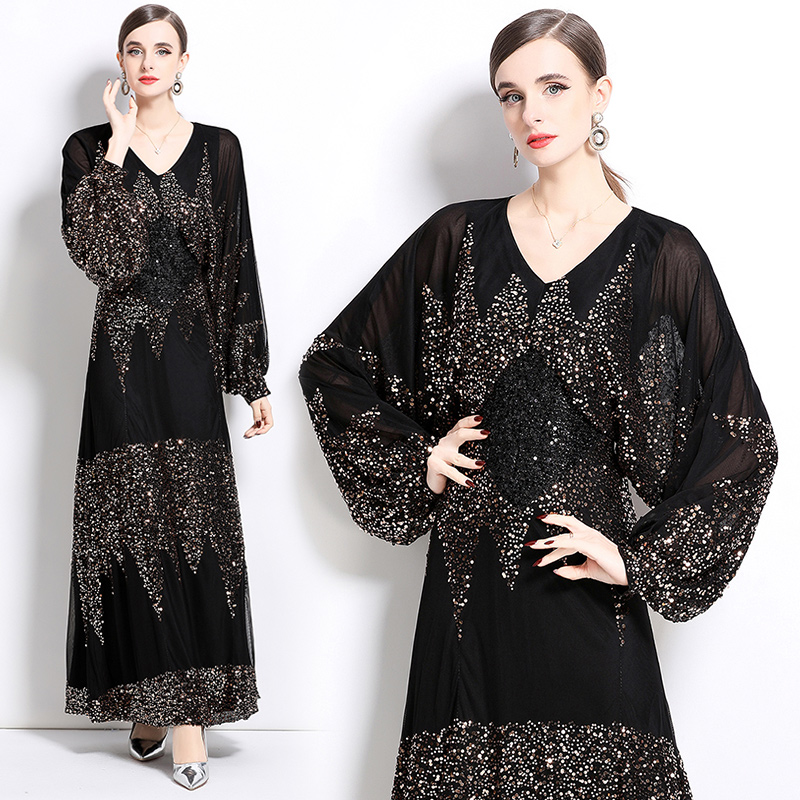 Raglan sleeve long dress sequins evening dress