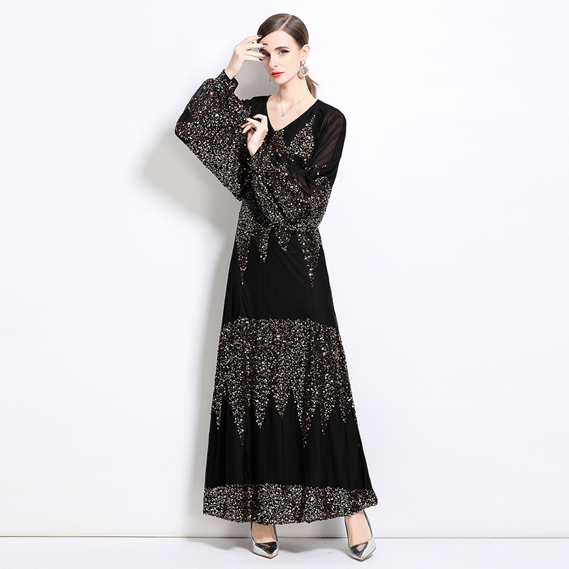 Raglan sleeve long dress sequins evening dress