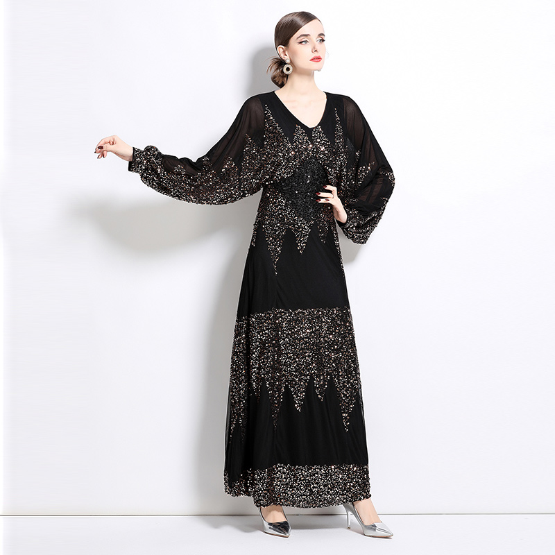 Raglan sleeve long dress sequins evening dress