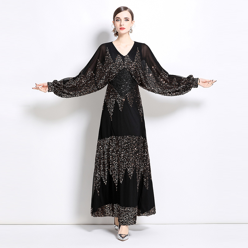 Raglan sleeve long dress sequins evening dress