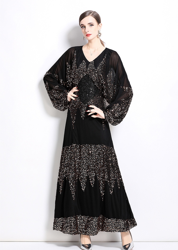 Raglan sleeve long dress sequins evening dress