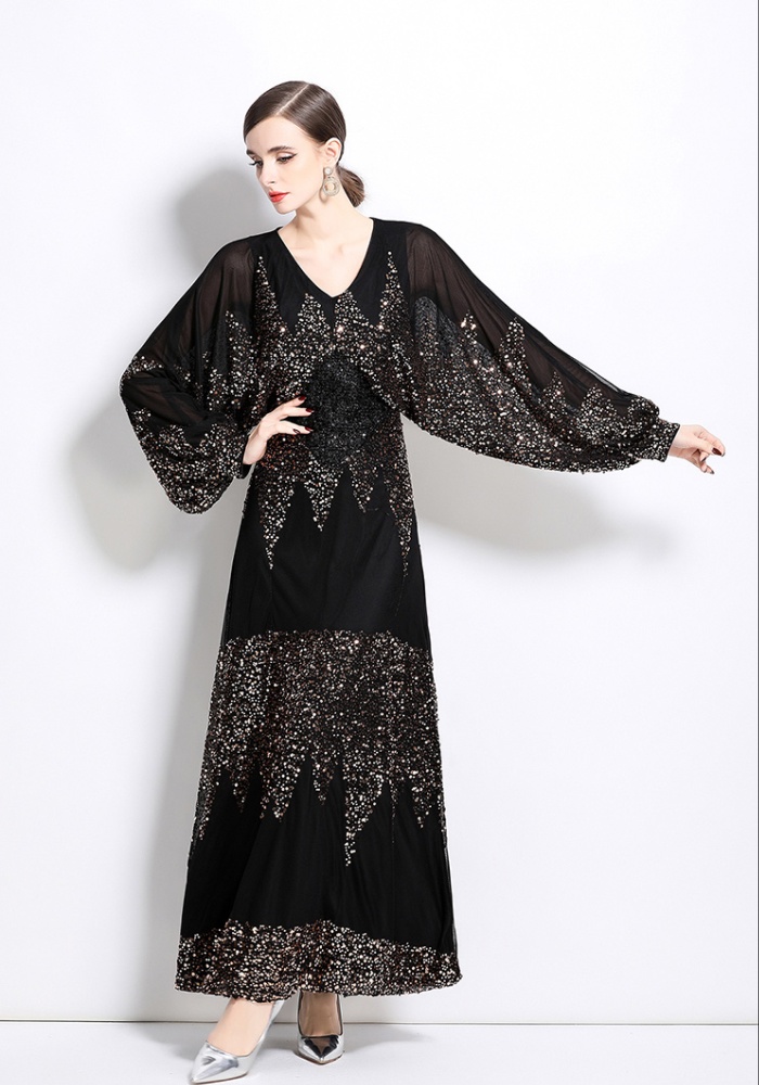 Raglan sleeve long dress sequins evening dress