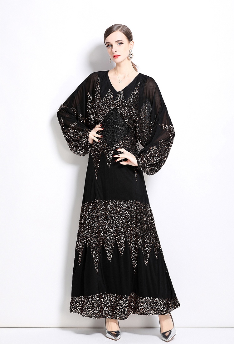 Raglan sleeve long dress sequins evening dress