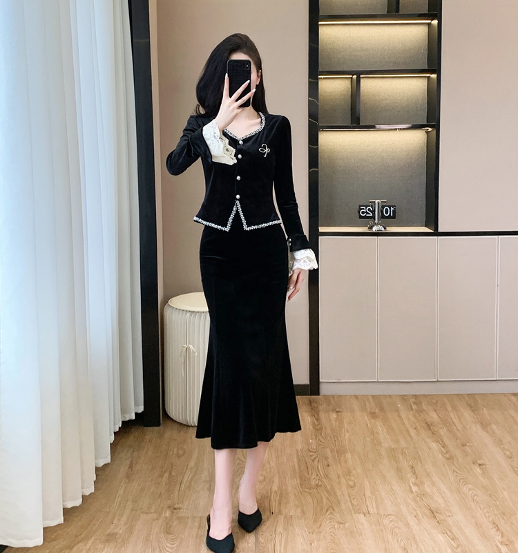 Mermaid beading tops autumn and winter skirt 2pcs set