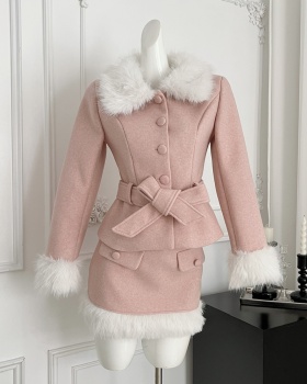 Package hip wool woolen coat hairy skirt a set