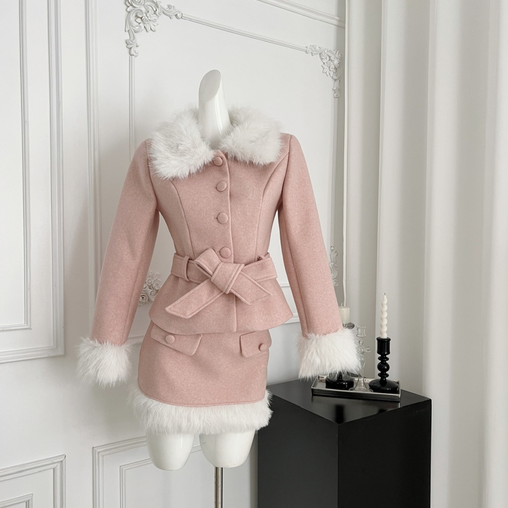 Package hip wool woolen coat hairy skirt a set