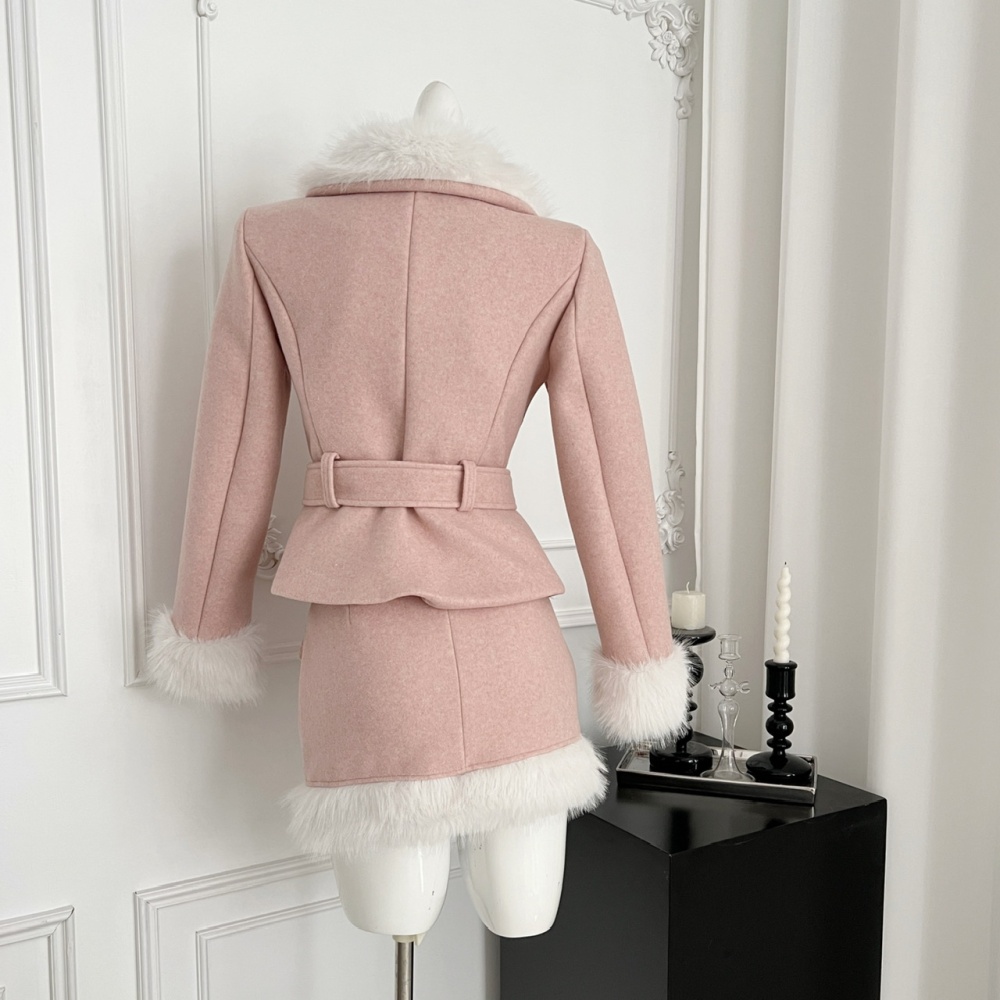 Package hip wool woolen coat hairy skirt a set