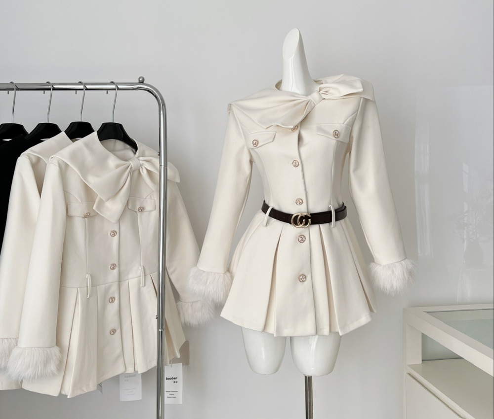 Woolen bow coat temperament chanelstyle dress