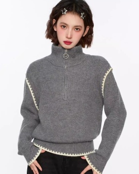 Niche high collar loose tops unique long sleeve half zip sweater