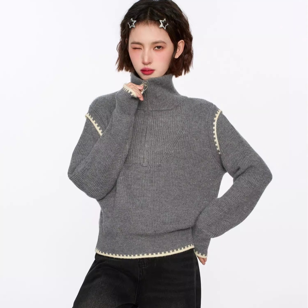 Niche high collar loose tops unique long sleeve half zip sweater