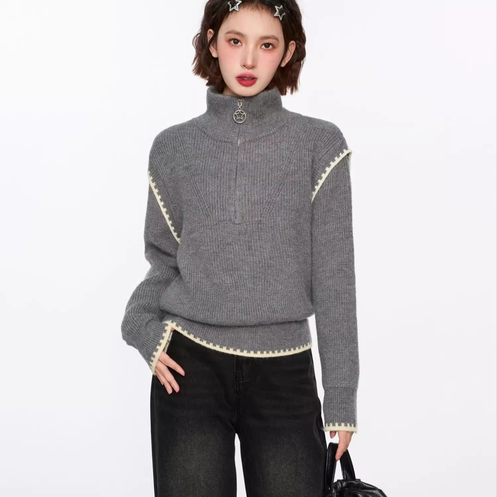 Niche high collar loose tops unique long sleeve half zip sweater