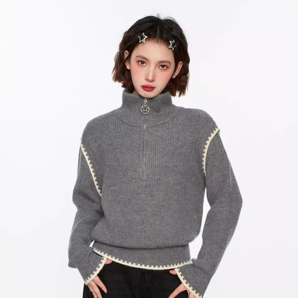 Niche high collar loose tops unique long sleeve half zip sweater