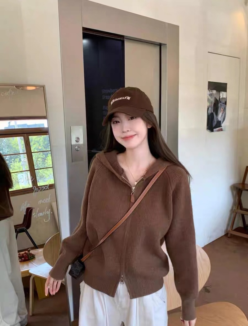 Hooded loose tops lazy double zip sweater for women