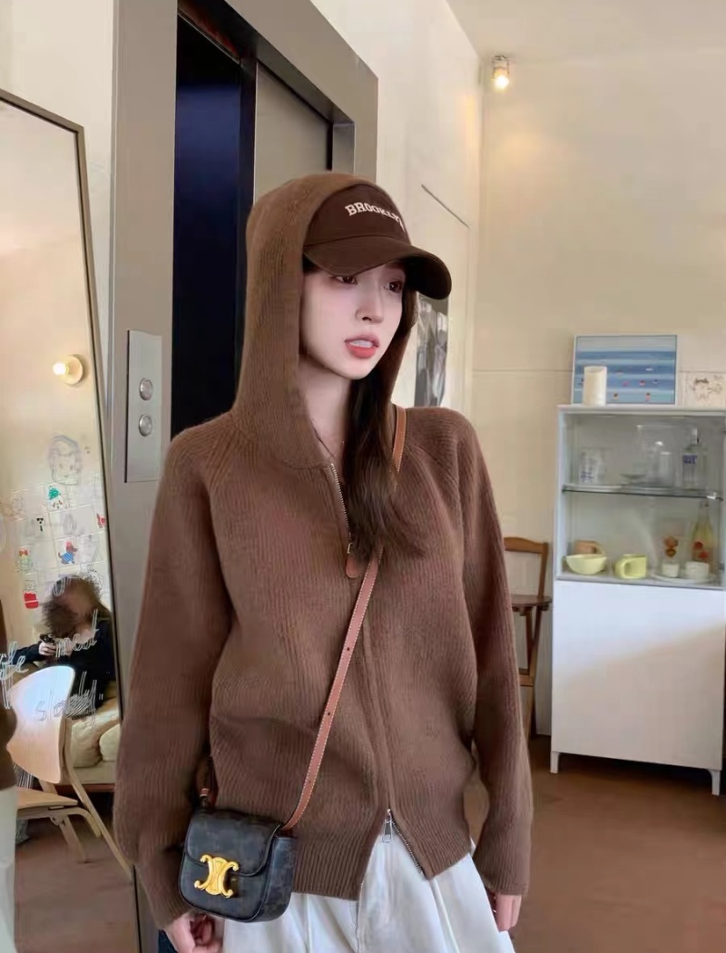 Hooded loose tops lazy double zip sweater for women