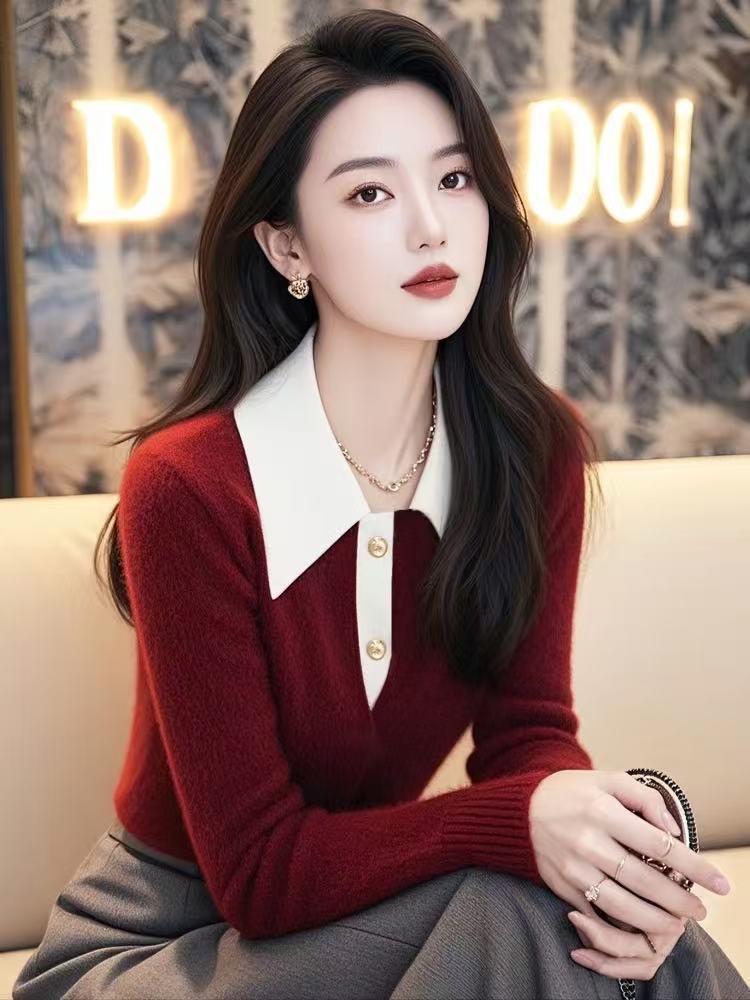 Red long sleeve sweater all-match fashion tops