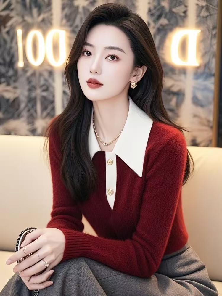 Red long sleeve sweater all-match fashion tops