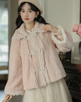 Autumn and winter short lambs wool pink thick coat for women