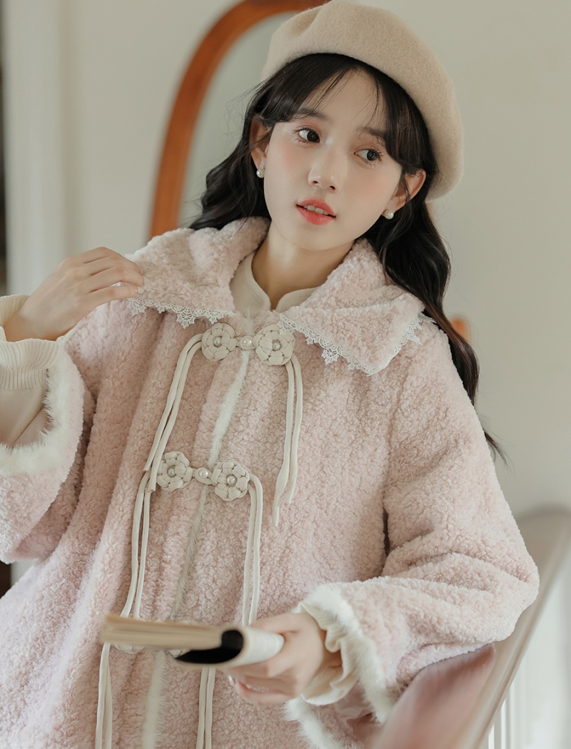 Autumn and winter short lambs wool pink thick coat for women