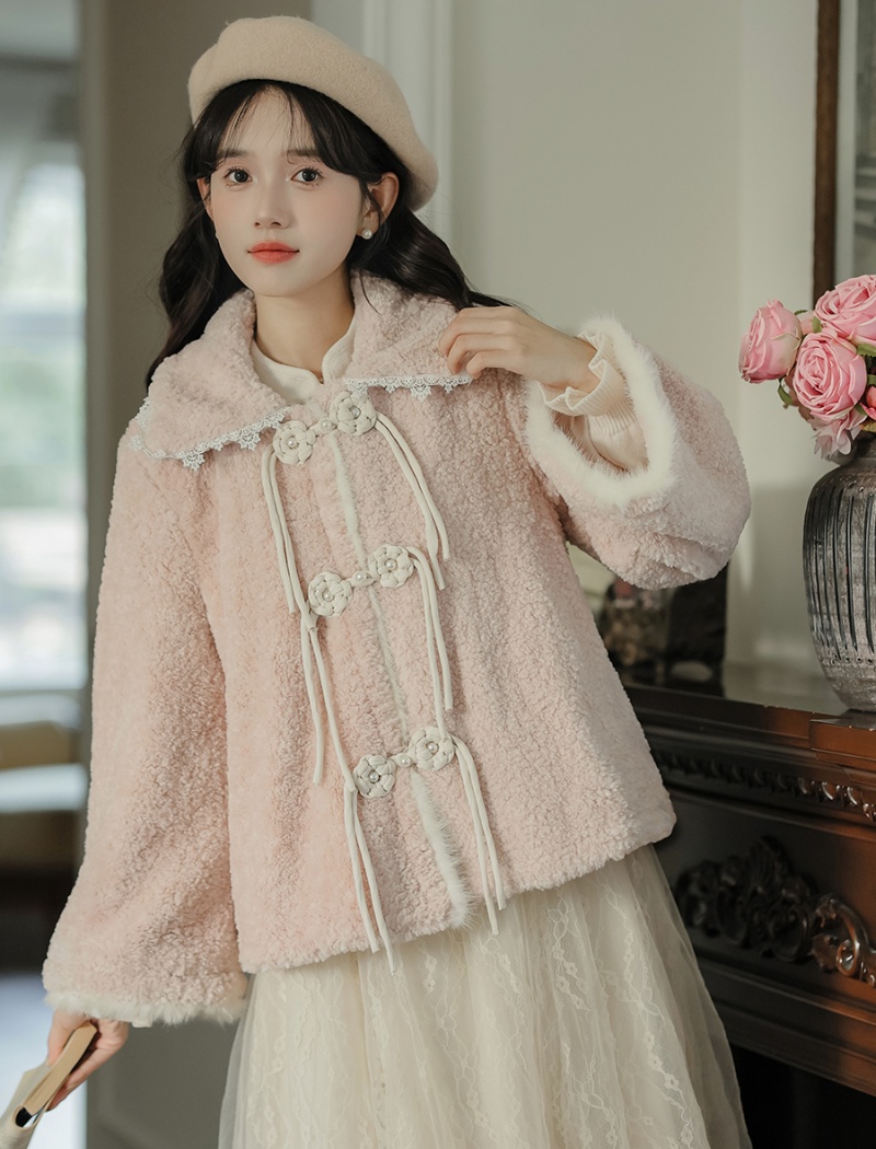 Autumn and winter short lambs wool pink thick coat for women