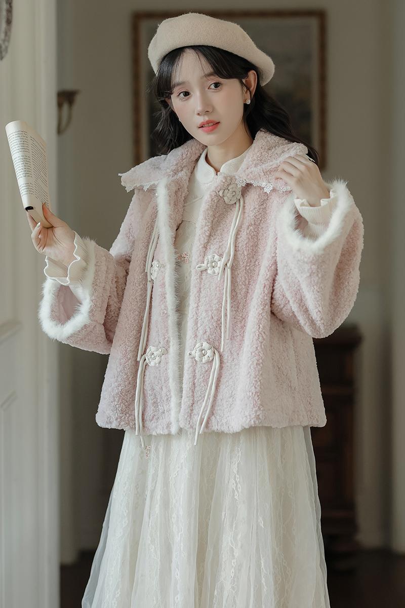 Autumn and winter short lambs wool pink thick coat for women