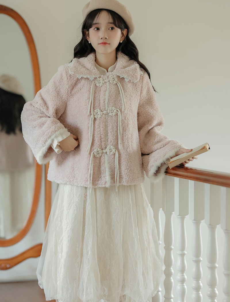 Autumn and winter short lambs wool pink thick coat for women