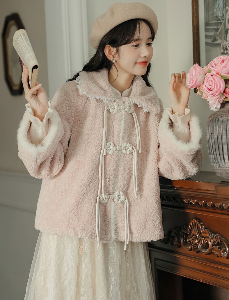 Autumn and winter short lambs wool pink thick coat for women