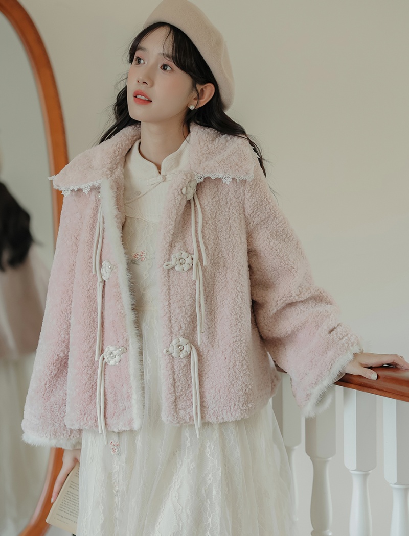 Autumn and winter short lambs wool pink thick coat for women