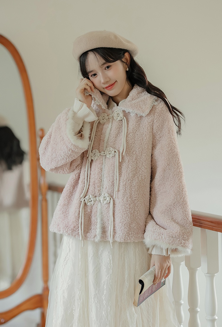 Autumn and winter short lambs wool pink thick coat for women