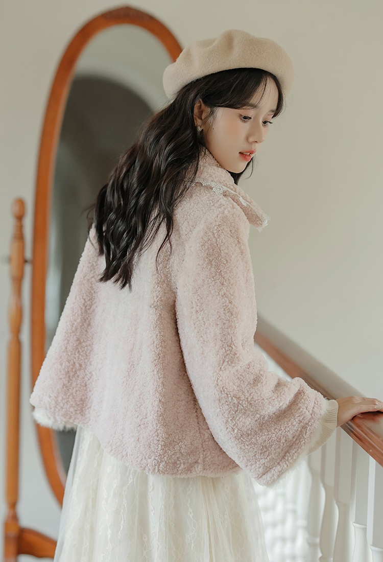 Autumn and winter short lambs wool pink thick coat for women