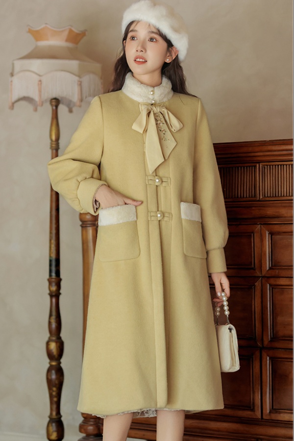 Fur collar embroidery woolen coat splice overcoat