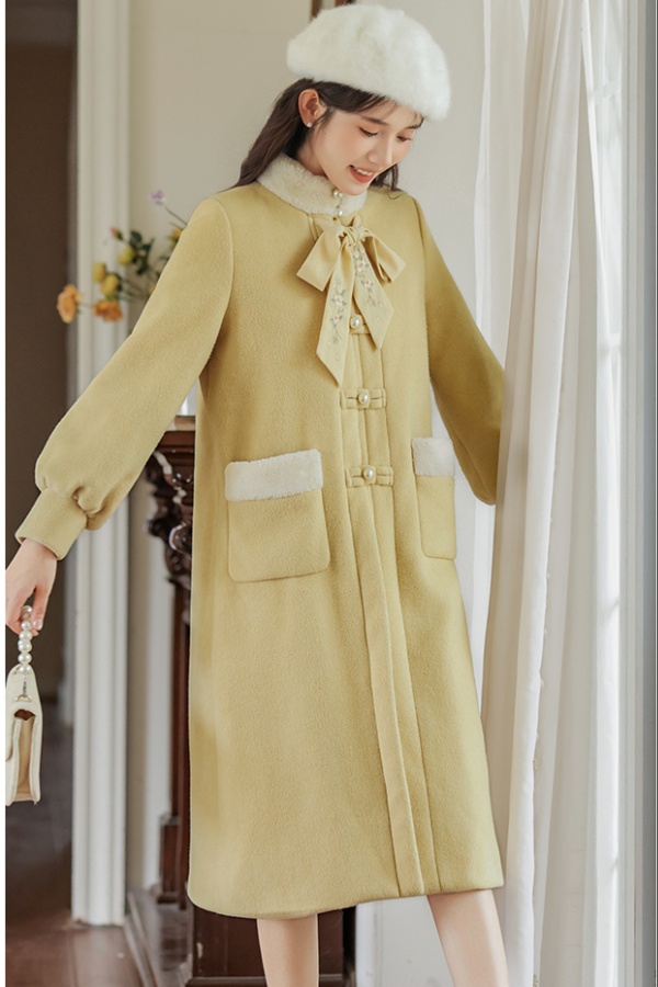 Fur collar embroidery woolen coat splice overcoat