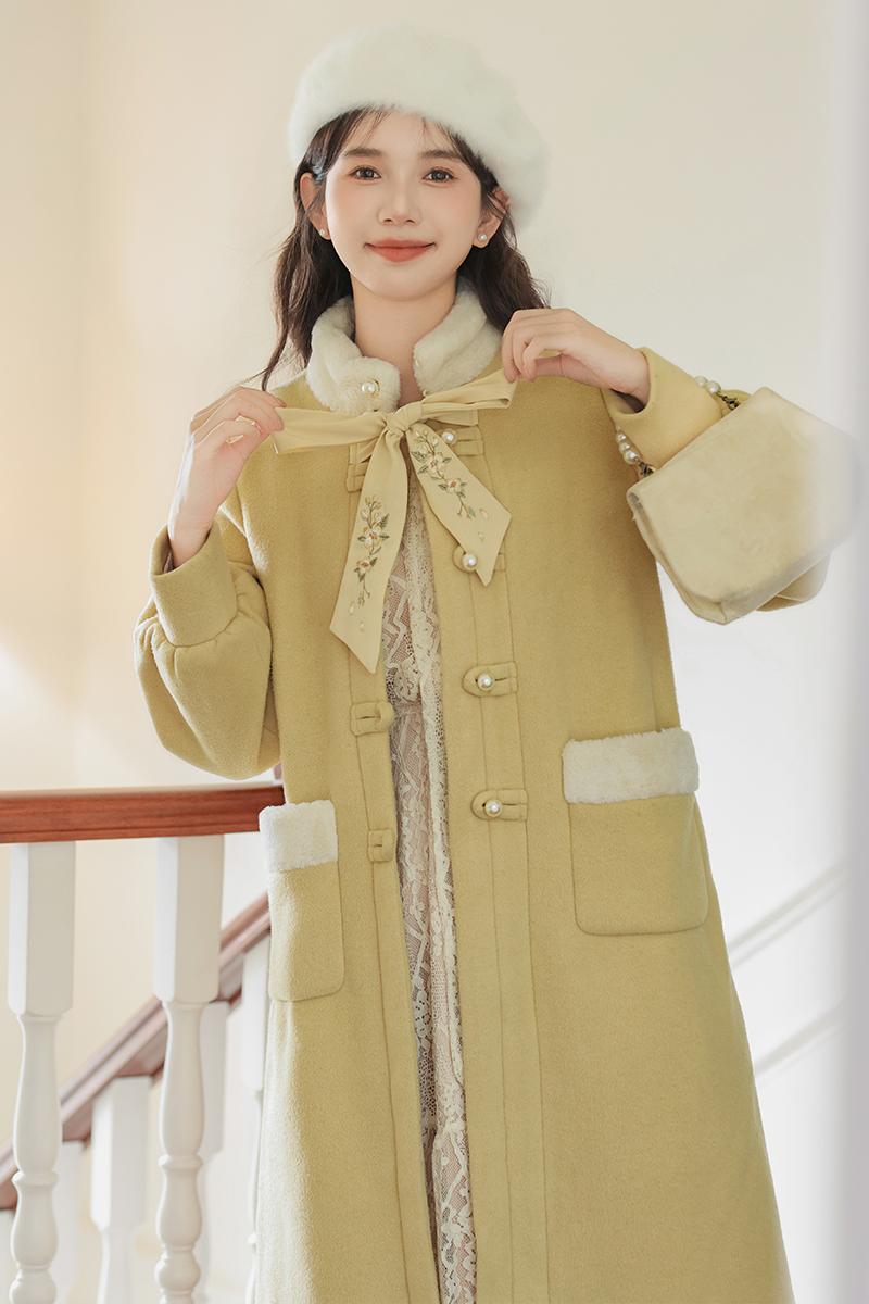 Fur collar embroidery woolen coat splice overcoat