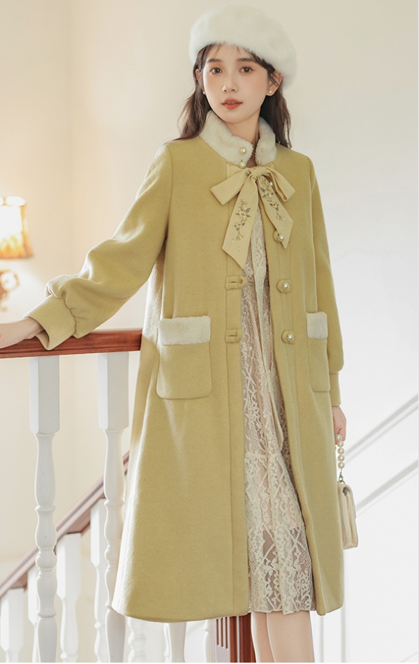 Fur collar embroidery woolen coat splice overcoat