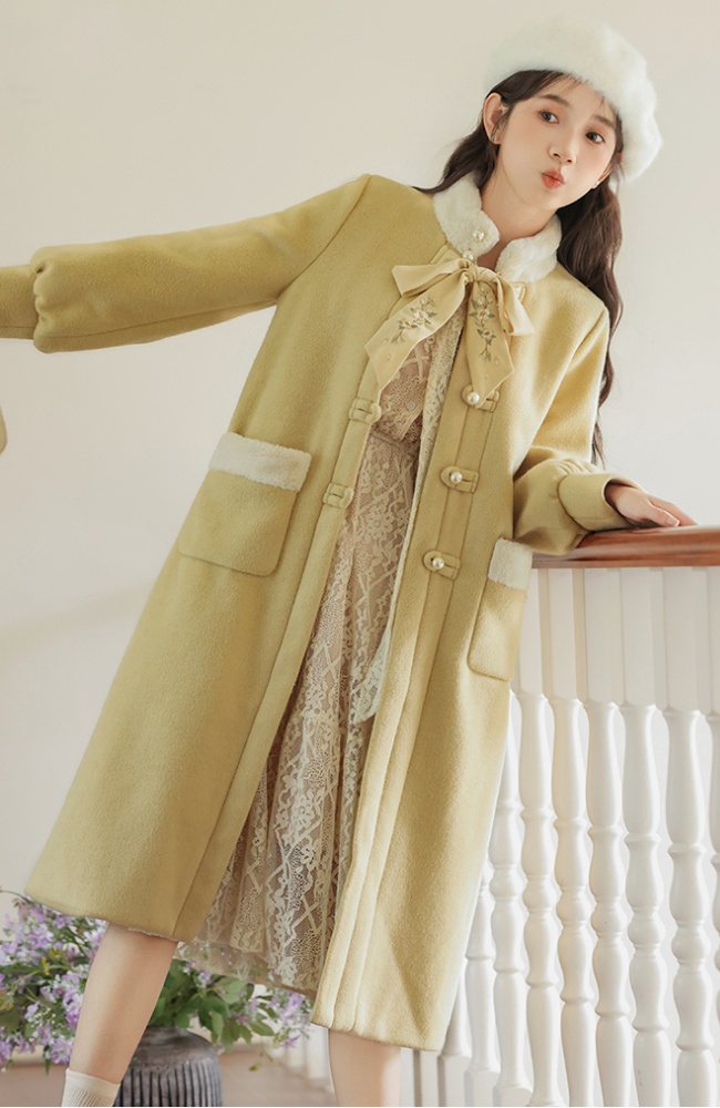 Fur collar embroidery woolen coat splice overcoat