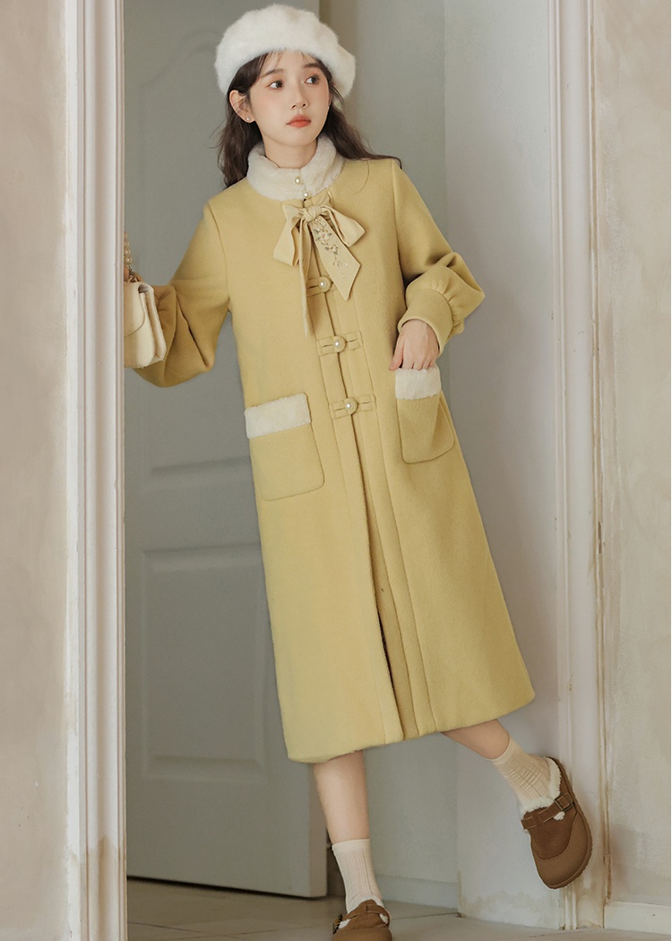 Fur collar embroidery woolen coat splice overcoat