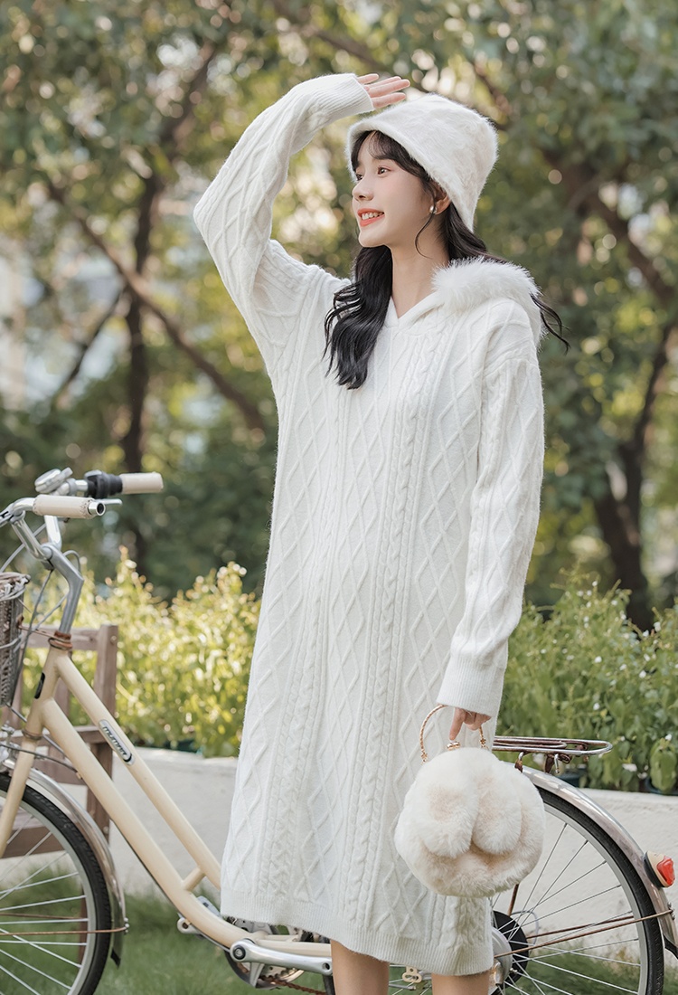 Fur collar autumn and winter sweater twist bottoming dress