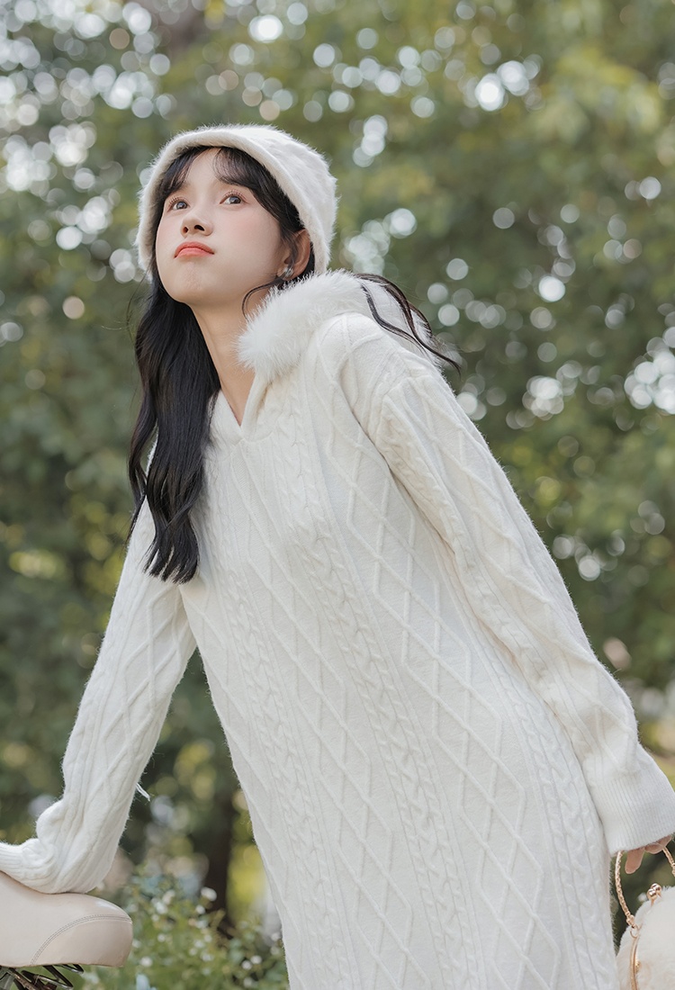 Fur collar autumn and winter sweater twist bottoming dress