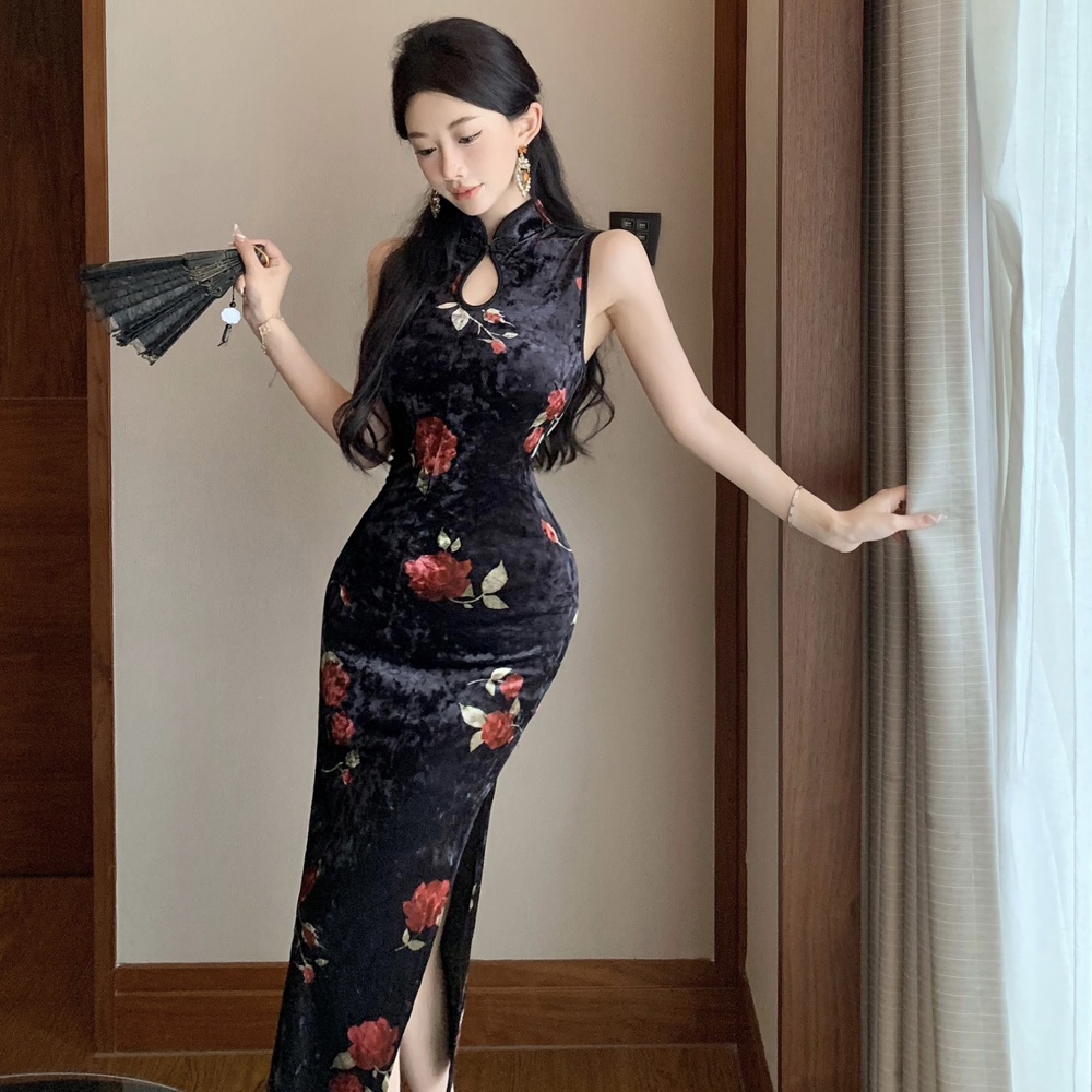 Chinese style long dress sleeveless slim cheongsam