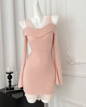 Lace swan Pseudo-two splice knitted dress for women